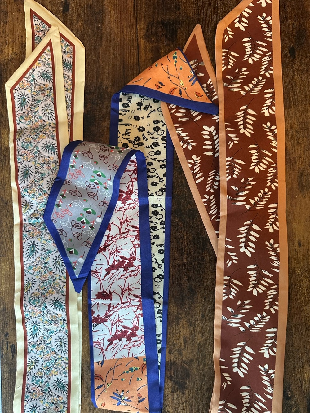 Silky Multi-Print Bag Scarf 3-Pack Assorted Brown, Cream, Blue, Orange Print NWT